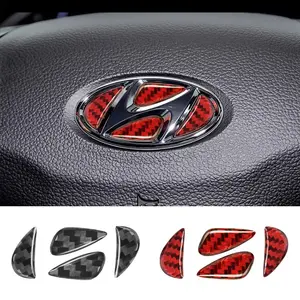 1Pcs Carbon Fiber Black/Red For Hyundai Tuson ix35 i30 i20 Elantra Sonata Santa Fe Tucson Car Interior Steering Wheel Emblem Badge Logo Sticker Modification Decoration Auto Accessories