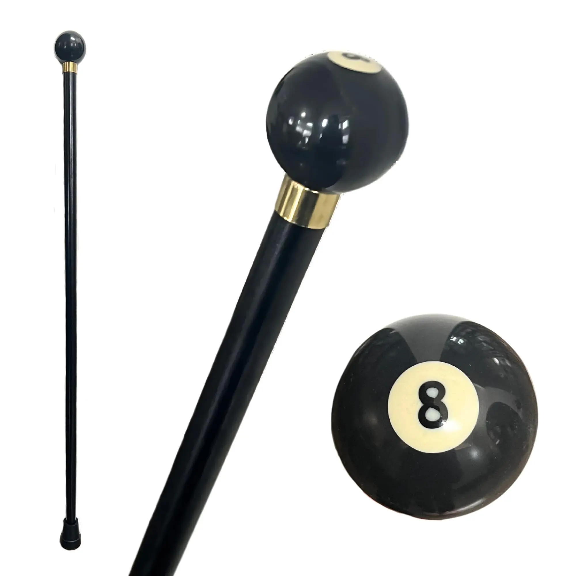 37-in Black Natural Wooden Walking Cane with 8-Ball Ergonomic Grip, Rubber Stopper Tip, Fashionable Mobility Aid for Men & Women, Camping Hiking Equipment