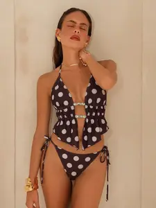 Women's Polka Dot Bikini Set, Deep V Lace-Up Top and Triangle Bottoms, Sexy Wireless Swimwear, Ruched Swim Suits, All Seasons Beach Wear, Drawstring Swimsuit Set
