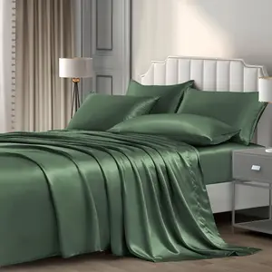 P Pothuiny 6 Pieces King Satin Sheets Luxury Silky Woodland Green Satin Bedding Sheet Set, 1 Deep Pocket Fitted Sheet + 1 Flat Sheet + 4 Pillow Cases P Pothuiny