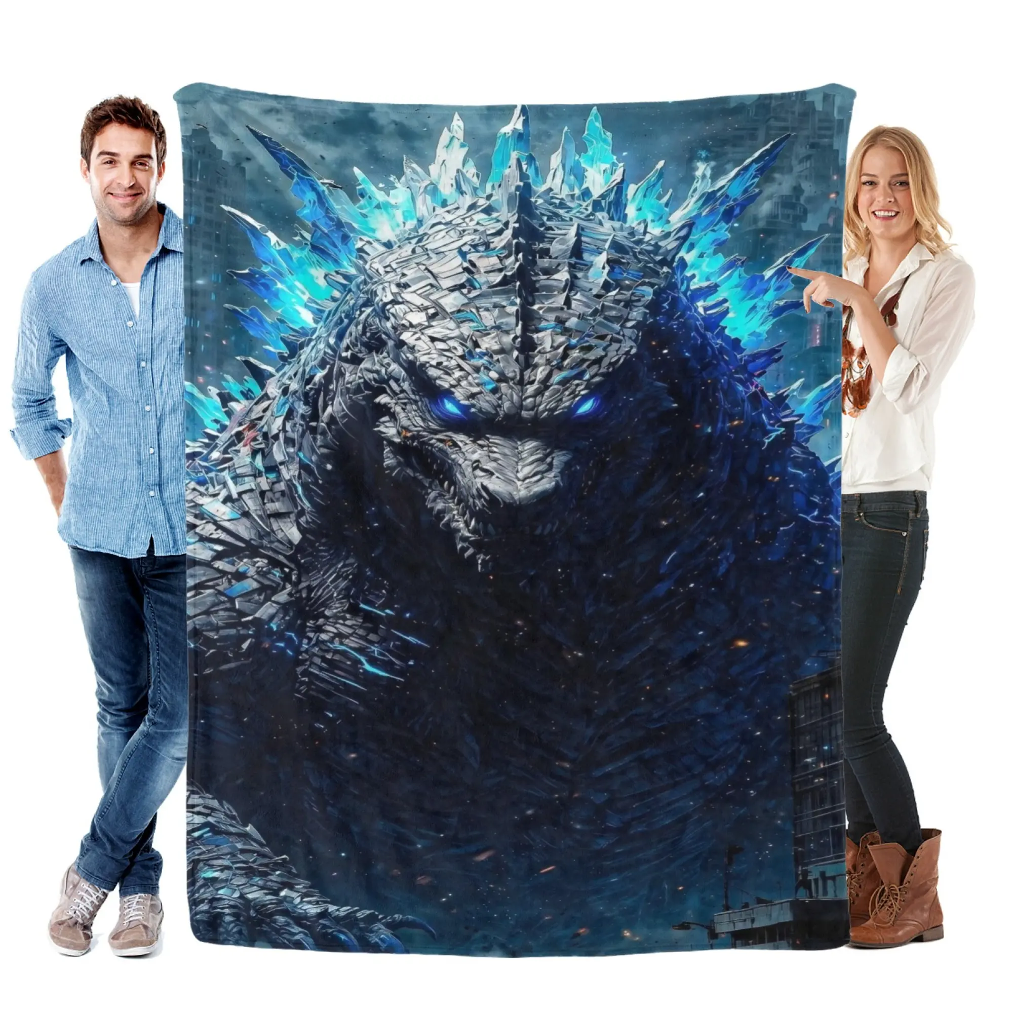 Blue Ice Godzilla Portrait Flannel Fabric Blanket - Frost Crystal Spine Giant Monster Graphic, Soft Cooling Throw for Indoor Outdoors, Dark Sci-Fi Kaiju Decor, Multi-Size Ideal Gift for Godzilla Collectors, One-Piece