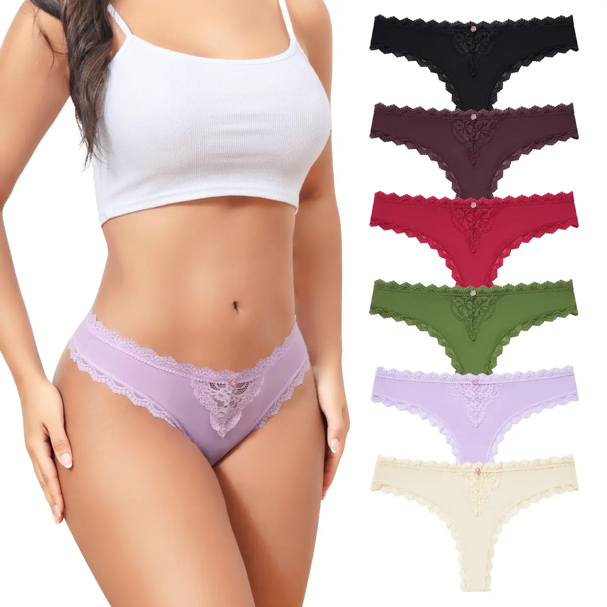 LEVAO Sexy Lace Thongs, Low Waist Breathable Cheeky Underwear for Women, 6 Pack, Stretch Bikini