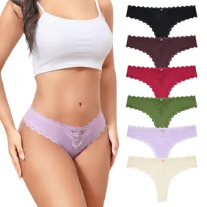 LEVAO Sexy Lace Thongs, Low Waist Breathable Cheeky Underwear for Women, 6 Pack, Stretch Bikini