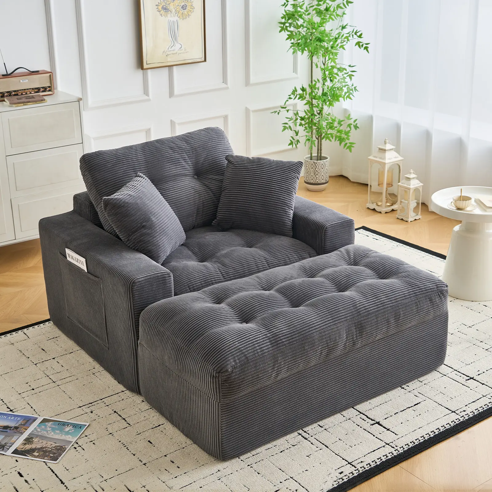 63" Deep Seat Sleeper Chaise Sofa – Oversized Corduroy Floor Couch Bed with Side Pockets, Modular Boneless Lounge Chair for Living Room, Bedroom & Apartment, Beige