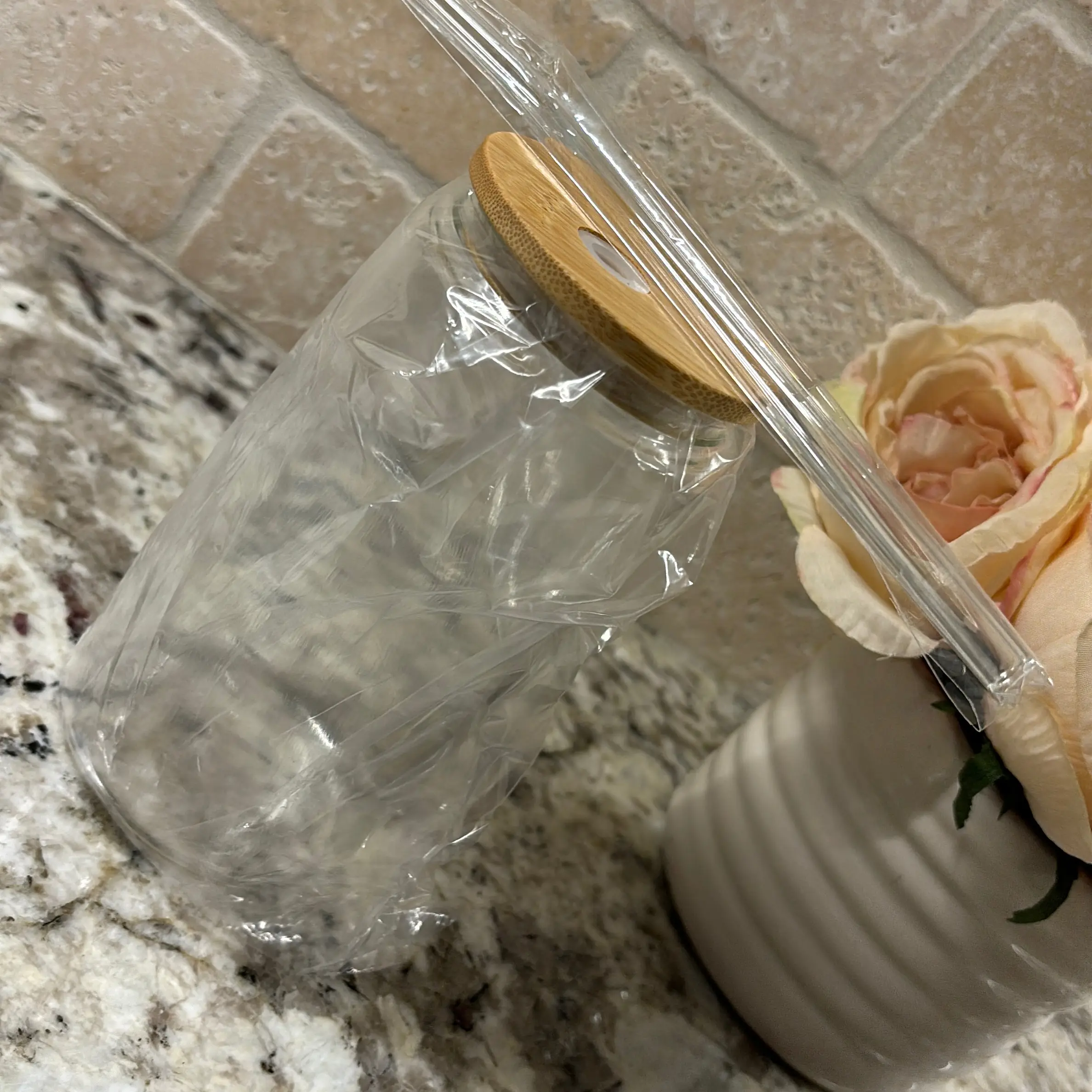 16 oz glass cup with choice wrap glass straw and bamboo lid