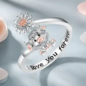 Highland Cow Adjustable Ring, Luxury Silver Adjustable Ring Vintage Charming Cute Affordable Jewelry Silver Ring Anniversary Birthday Gift for Girlfriend Woman Female Wife