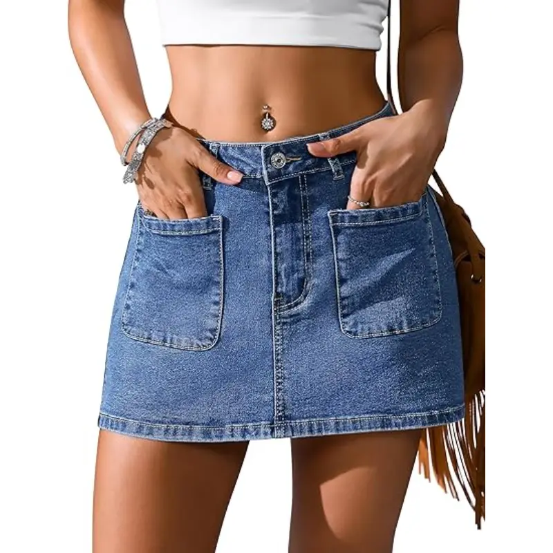 Eddoyee Denim Skirt for Women Mini Jean Skirt with Shorts Y2k Stretchy Jean Skort with Pockets