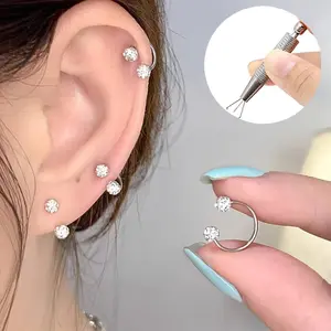 6pcs Women's Cubic Synthetic Zirconia Earrings with Piercing Taper Ball Grabber Tool Set - 3-Size C-Shaped Drill Ball Studs, Sparkling Inlaid CZ Ear Bone Jewelry for Wedding, Party, Casual Attire