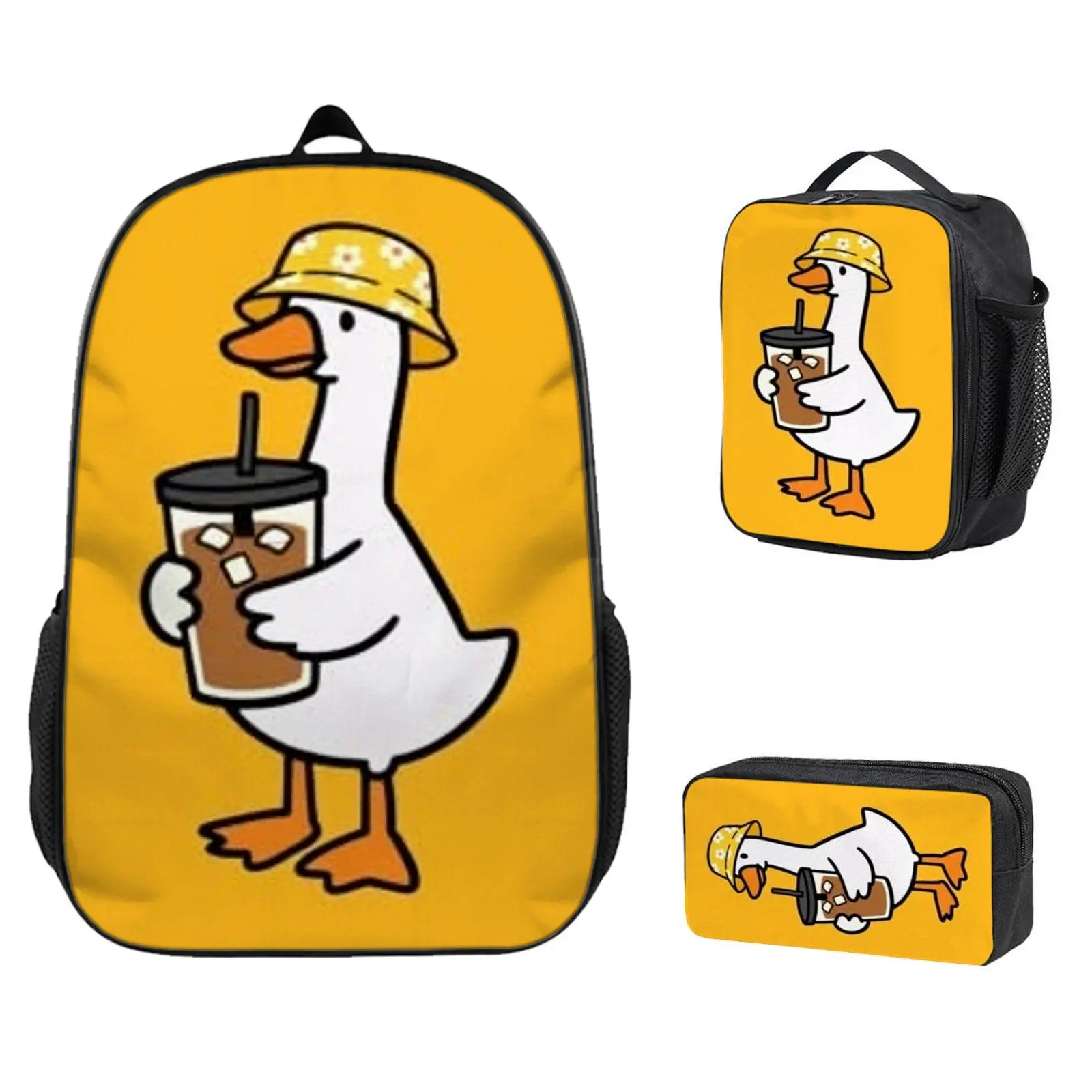 Kids' 3-Piece Lightweight Casual Backpack Set with Zipper - Insulated Meal Bag, Pencil Case, Cute Duck Wearing Hat Holding Iced Coffee Print, Anime Gifts for School Days High-Quality Functional Casual Set, Insulated Bag