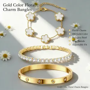 VNOX Layered Stack Bangles bracelet Set 3PCS, 18 K Gold Zircon Stainless Steel floral charm Bracelets, Non Tarnish Open Bangle for Women, Adjustable hand chain Cuff, Daily Fashion Jewelry, Gift for Her cute jewelry lock bracelet