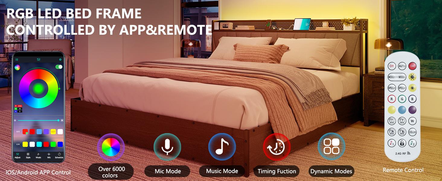 AMERLIFE 3 Pieces Farmhouse Bedroom Set, Includes Full/Queen/King Size Lift Up Storage Bed Frame with LED Lights and Linen Upholstered Headboard, Nightstand Set of 2 with Charging Station