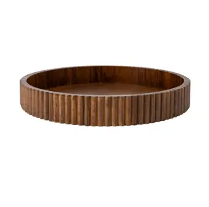 Ribbed Wood Decorative Tray, Walnut Finish, 16.4"