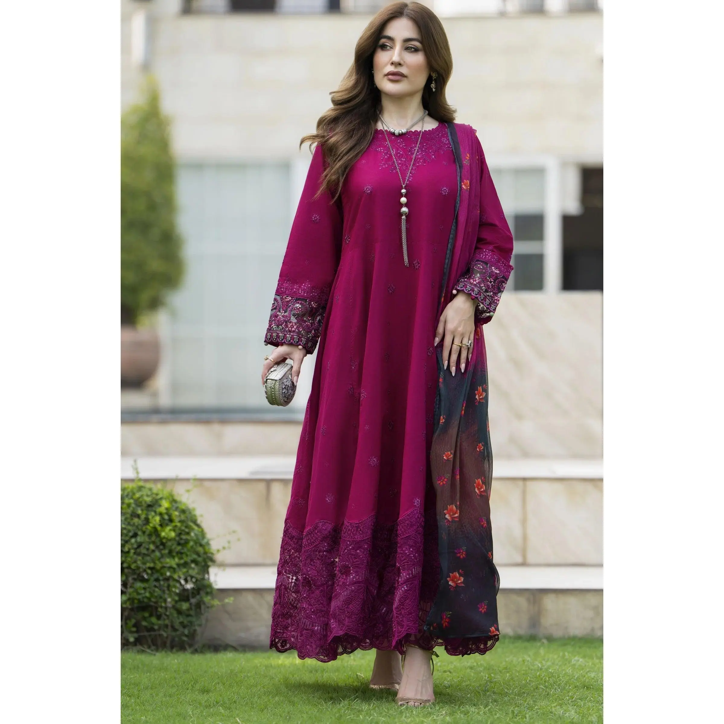Gul Warun 3pc Embroidered Cotton Frock Suit with Chiffon Dupatta – AMG10