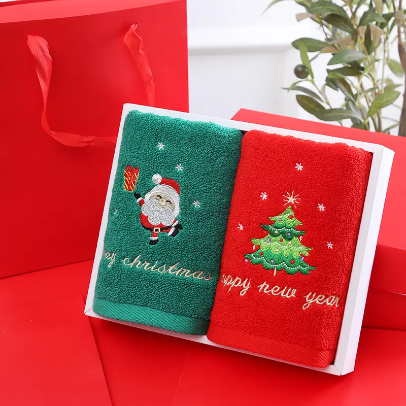 Christmas Gift Set of Two Cotton Towels - Festive Holiday Bath & Hand Towels for Couples Christmas Decorations & New Year Gifts