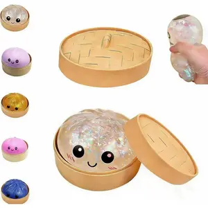 2026 New Glitter Dumpling Squishy with Steamer Box, Soft Sensory Steamed Bun Squeeze Tool for Adult Stress & Anxiety Relief,