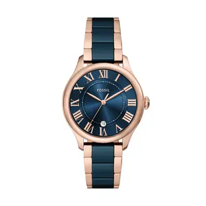Fossil Women's Gilmore Three-Hand Date Rose Gold-Tone and Navy Ceramic Watch