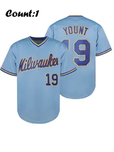 Sporty Men's Letter & Number Embroidery Striped Trim Baseball Jersey, Loose Sports Casual Short Sleeve V Neck Baseball Top for Summer, Fashion Men's Sportswear for Daily Wear, Embroidered Baseball Jersey