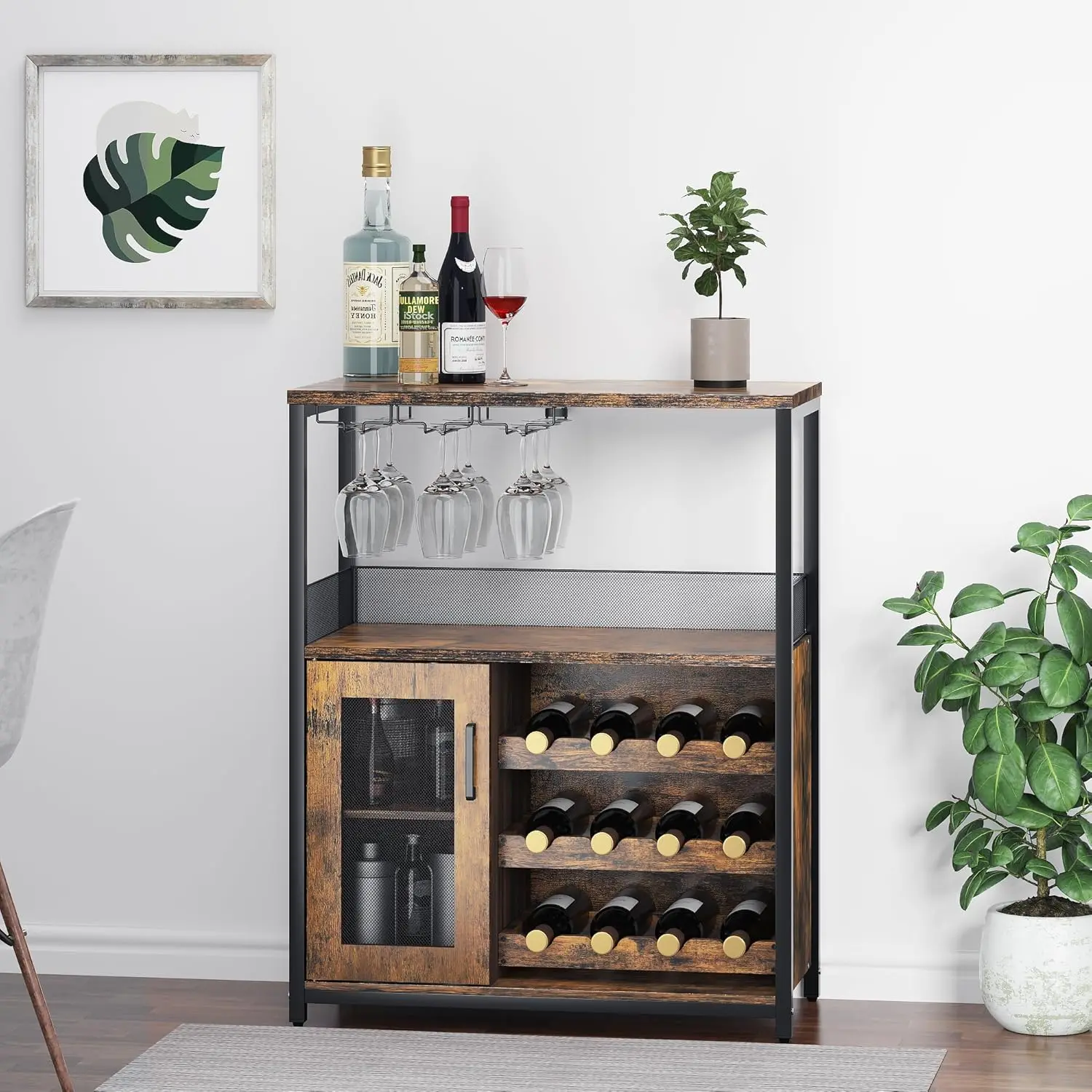 Gaomon Rustic Wood 3-Tier Freestanding Wine Bar Cabinet - 36 in Tall, Detachable Wine Rack, Glass Holder, Mesh Door, Storage Buffet with LED Display Screen for Kitchen Bottle Organization Racks