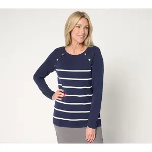 Belle by Kim Gravel Seaside Stripe Button Trim Sweater