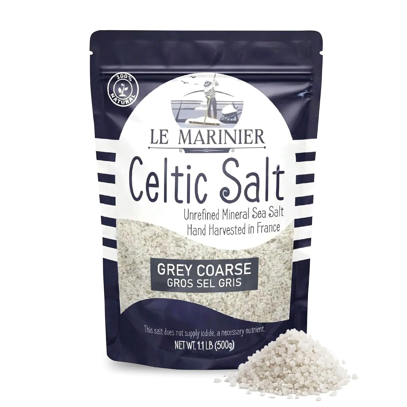 Le Marinier Celtic Salt Organic Grey Coarse, 1.1lb - 18oz | Mineral Rich, 100% Natural, Unrefined French Sea Salt, Celtic Salt Organic 80+ Minerals Coarse, Hand Harvested, Cooking, Finishing, Hydration (1.1lb Grey Coarse)