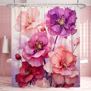 Pink Shower Curtain for Bathroom Rose Pink Floral Set with Hooks Abstract Purple Flowers 72x72inches Waterproof Fabric Curtains 3D Jacquard Technology