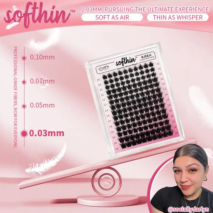 uCoolMe Softhin DIY Eyelash Extension Kit, 10-18mm Super Soft Lightweight LC Curl Lash Clusters, Long-Lasting Waterproof Bond & Seal Glue with Remover & Applicator, Beginner-Friendly Lash Kit, Christmas Gift Set for Beauty Lovers
