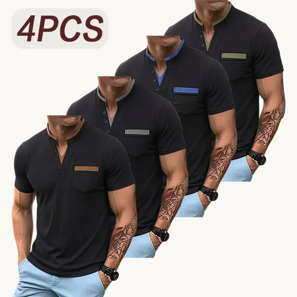 Men’s 4-piece summer set featuring a versatile color-block design; includes a mock two-piece knit layerable classic golf top and a fashionable sports jacket; suitable for business casual, parties, vacations, and travel; also includes a polo shirt. SpringS