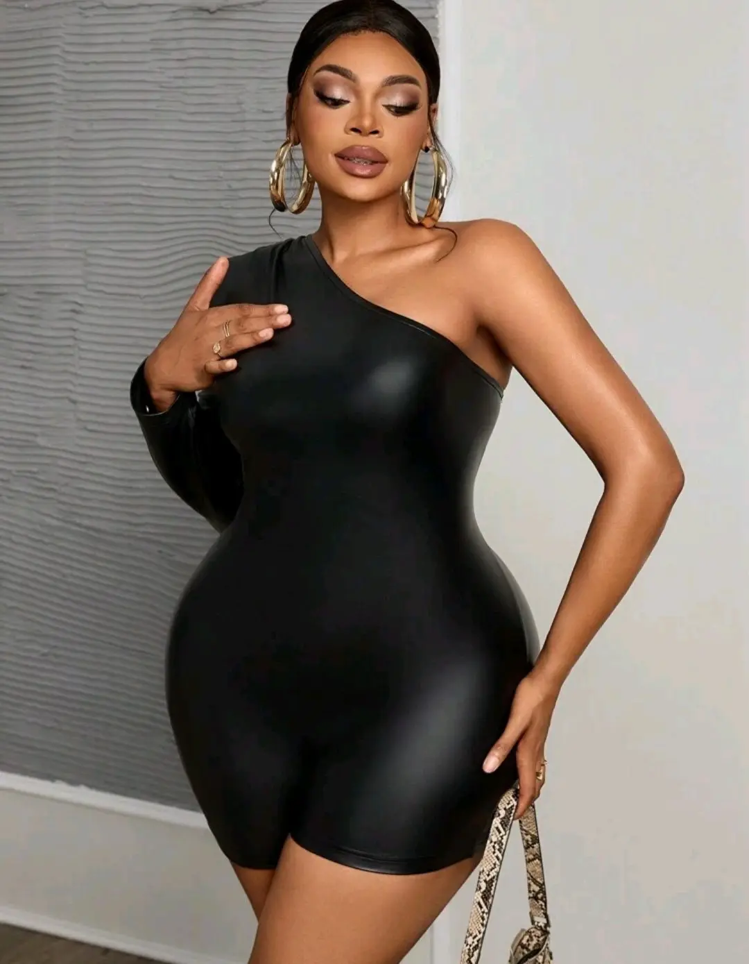 One Sleeve  Leather  One piece Romper  Outfit Womenswear Casual Formal Fitted Style