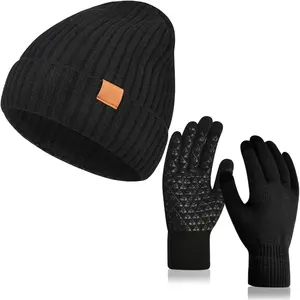 Winter Beanie Hat and Touchscreen Gloves Set for Men and Women Warm Knit Fleece Lined Beanie Gloves Set for Cold Weather
