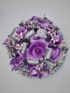 Lila Silver Artesanal Satin Flower Quinceanera Bouquet with Handmade Porcelain Flowers and Silver Accents Decorative Floral Arrangement