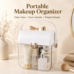 Portable Clear Cosmetic Storage Box  Dust-Proof Makeup & Skincare Organizer with Handle  Travel-Friendly Vanity Case