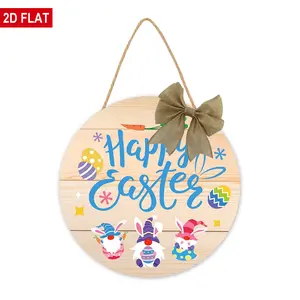 Happy Easter Door Sign, Rustic Spring Easter Gnomes Round Wooden Hanging Welcome Board Sign, Seasonal Wooden Door Decoration for Easter Indoor Outdoor Decor, 12 inch door hanger