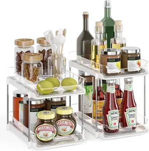 Delamu 2 Pack Set under Sink Organizers and Storage, 2 Tier Sliding Bathroom Sink Organizer, Multi-Use under Kitchen Cabinet Storage Shelf (S&L), Transparent