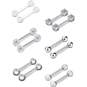 6 Pairs Nipple Rings Stainless Steel Piercing Barbell Tongue Ring Cubic Zirconia Body Piercing Jewelry, 14 Gauge
