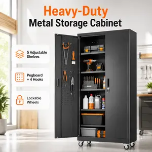 71" Heavy Duty Metal Storage Cabinet with Wheels, Lockable Rolling Garage Tool Cabinet, 5 Adjustable Shelves, Door Pegboard + 4 Hooks, 120 LBS/Shelf Steel Organizer for Garage, Workshop, Warehouse, Home Office, Gym, School, Utility Room, Black