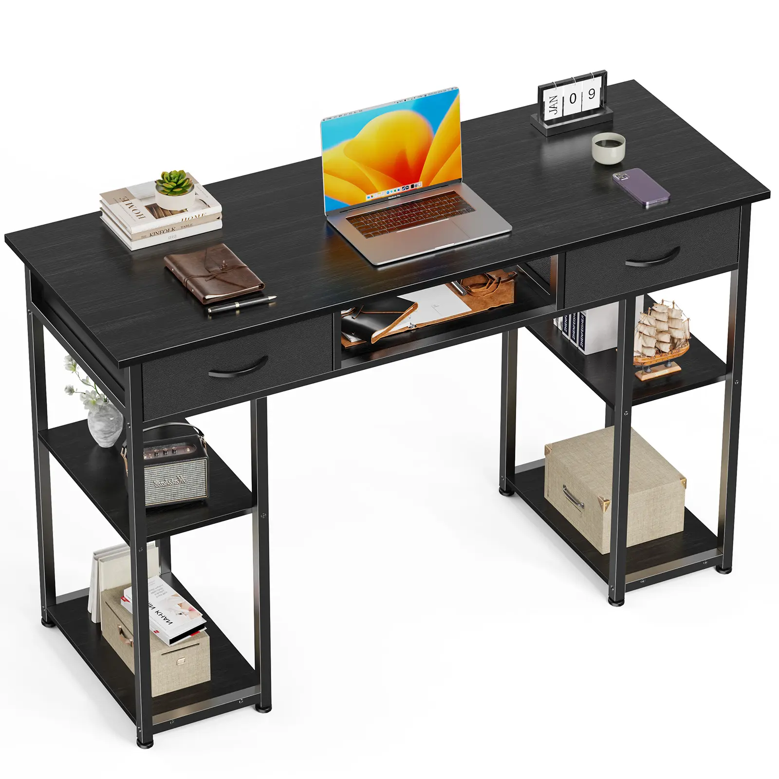 32/48In Compact Writing Desk with Metal Frame and Side Organizer, Adjustable Height Computer Table for Small Spaces in Bedroom or Office
