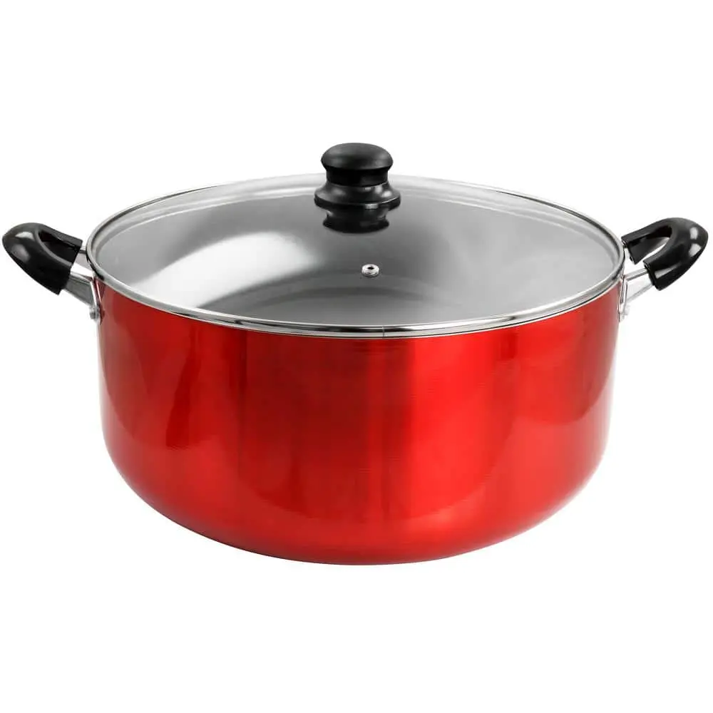18 qt Heavy-Gauge Aluminum Dutch Oven - Red, Oil-Resistant Nonstick Cookware with Metallic Finish and Glass Lid