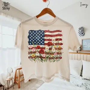 Comfort Colors Floral American Flag Boxy Tee, Wildflower Patriotic Graphic Shirt, Independence Day Outfit