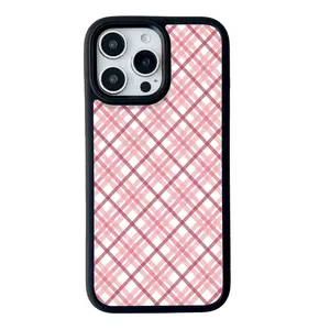 The pink checkered pattern phone case is compatible with Magsafe magnetic charging and is a premium phone case suitable for iPhone 14, 13, 12, 11 Pro Max 15, 16 Plus. Protective case  suitable for both men and women HJJ-P093
