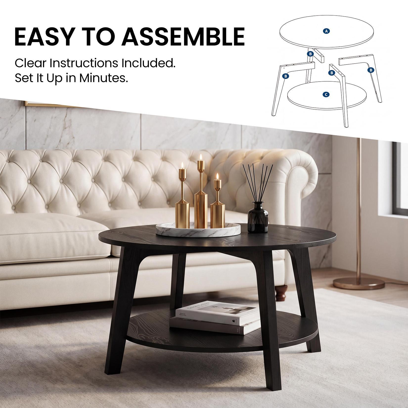 White 2-Tier Round Coffee Table with Storage Shelf, Minimalist Scandinavian Style Engineered Wood Accent Center Table, 31.5" Dia. Round Top, Durable Mark-Resistant Surface, Easy Assembly, Coffee Tables White 2-Tier Round Coffee Table with Storage Shelf, Minimalist Scandinavian Style Engineered Wood Accent Center Table, 31.5" Dia. Round Top, Durable Mark-Resistant Surface, Easy Assembly, Coffee Tables