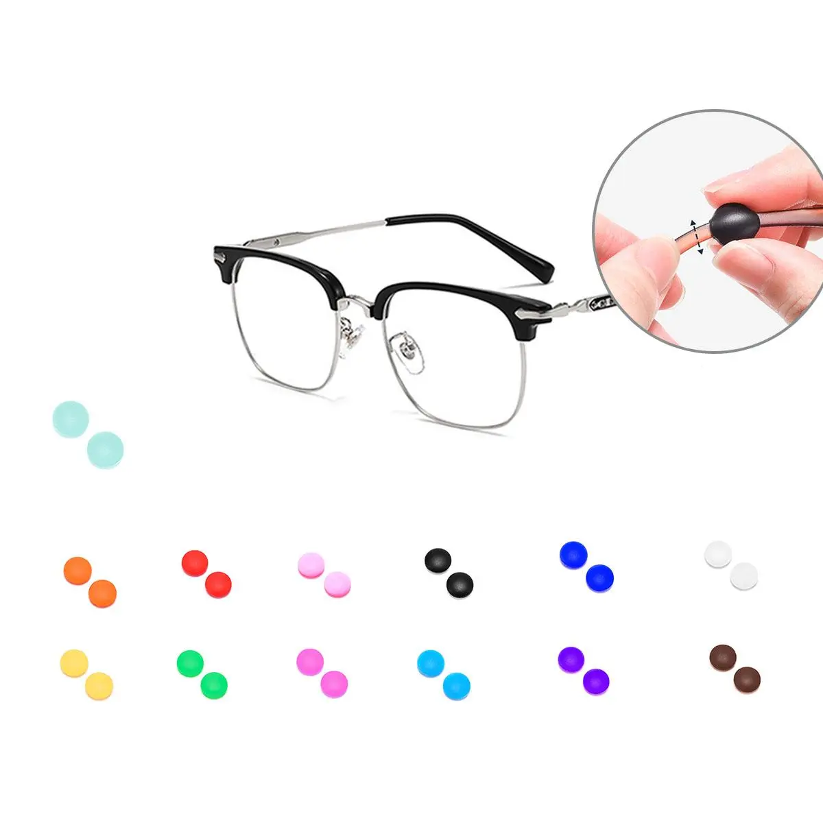 Anti-slip glasses covers, soft silicone covers, small circular shapes, ear hooks, temple protectors, anti-fall and anti-slip accessories.