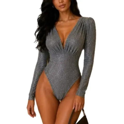 Ivanna V-Cut Shimmer Bodysuit |  Women’s Long Sleeve Deep V-Neck Gathered Bust Going-Out Top