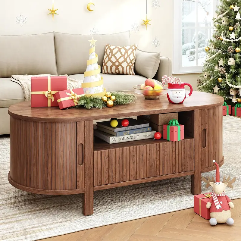 【Black Friday】ONBRILL 47.2 Inch Oval Coffee Table with Storage, Mid Century Modern Coffee Table with Drawer, Center Table with Sliding Door and Wood Fluted Handle for Living Room