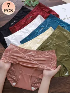 7 Pack Women's Satin & Lace Panties Mid Rise - Floral Lace Trim Bow Detail 7 Colors (Bk/Bl/Grn/Wine/Pk/Bie/Wt) Breathable Seamless Fit Everyday Luxury for Special Occasions
