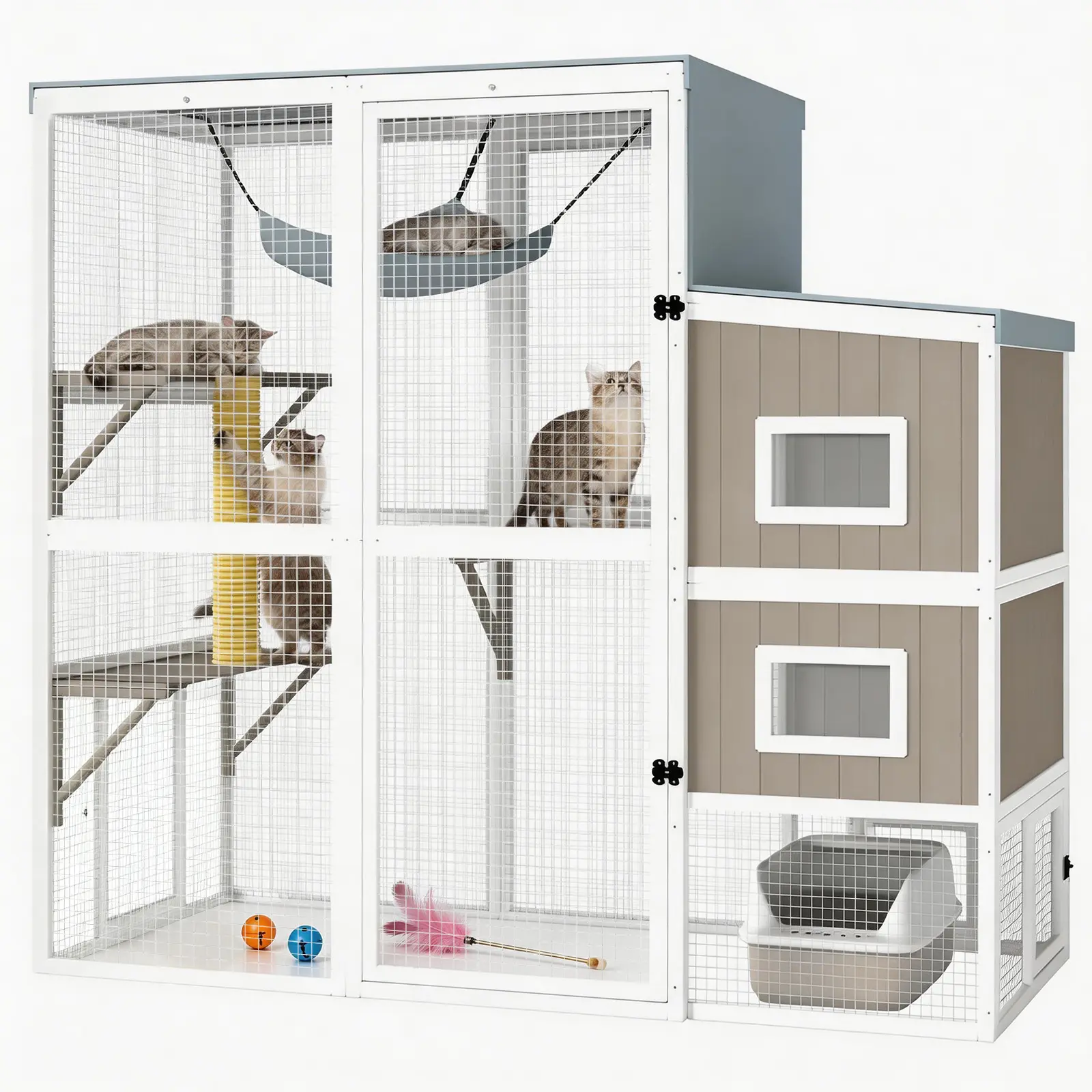 Petscosset 3-Tier Modular Expandable Indoor Wooden Cat Catio, All-Season Removable Roof System, Multi Jumping Platforms & Resting Nooks, Large Walk-In Front Door, Side-by-Side Expandable Structure, Multi-Room Cat Playpen