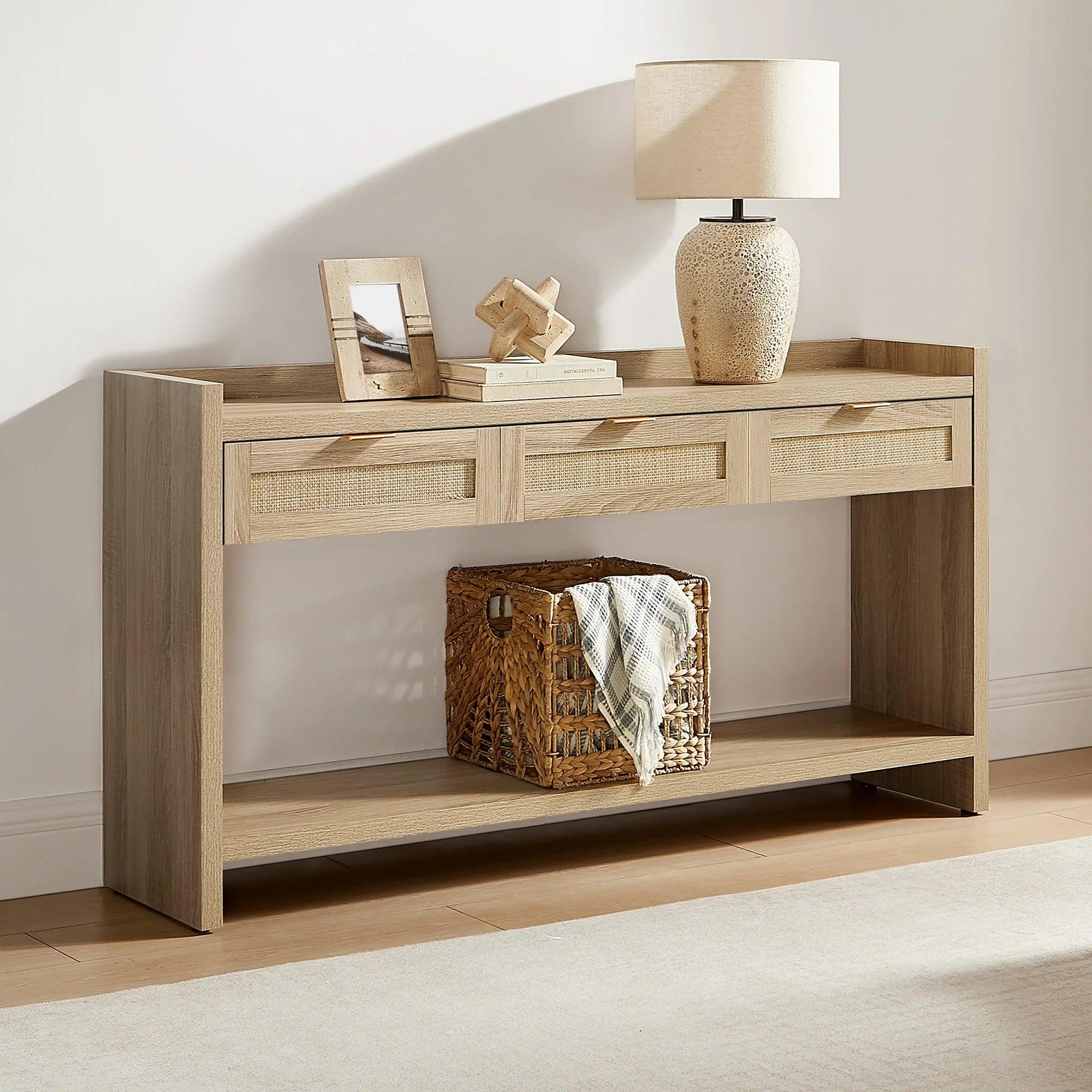 SICOTAS 60" Rattan Console Table for Entryway - Farmhouse Entry Table Sofa Table with 3 Drawers, Narrow TV Console Table with Storage for Living Room, Hallway, Couch
