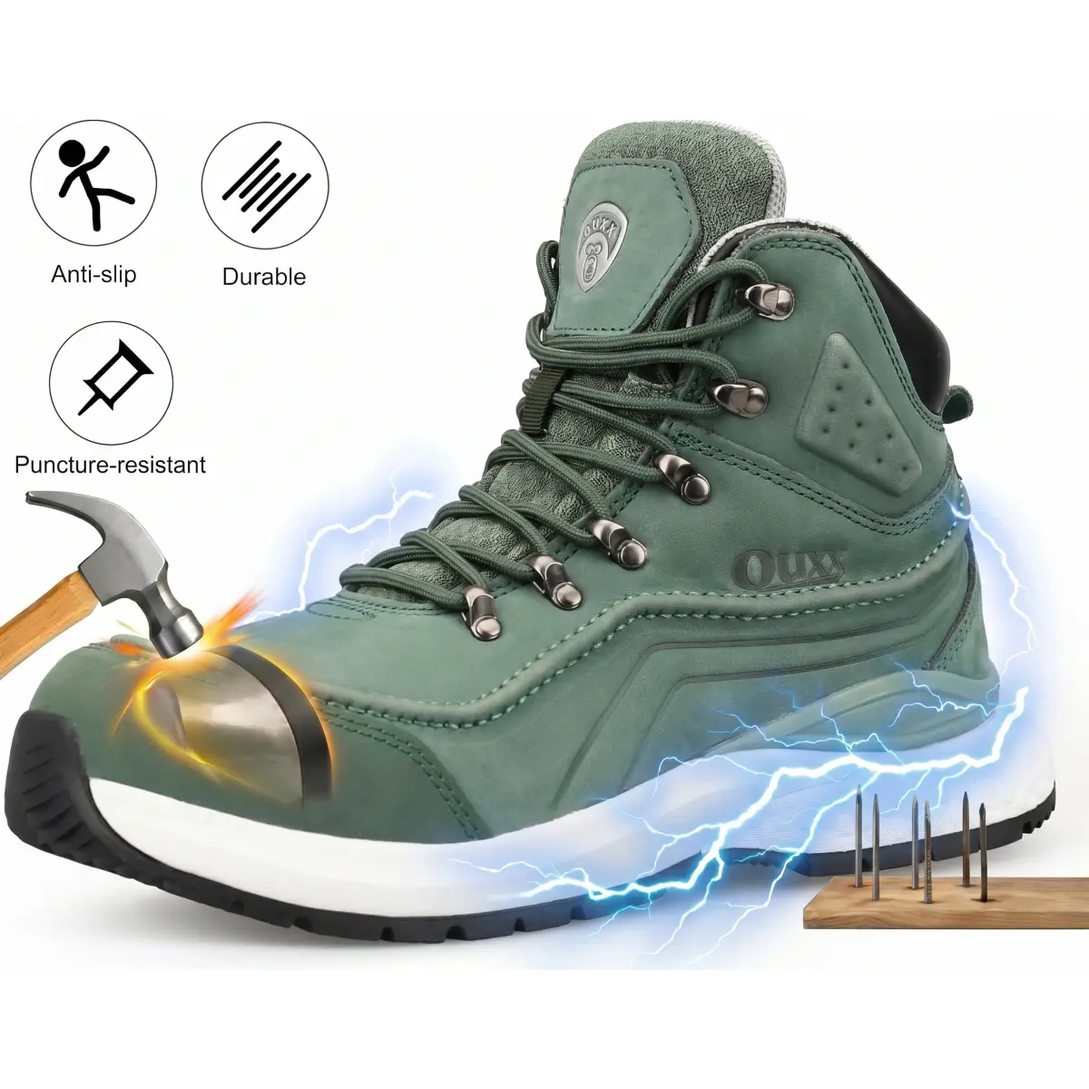 Men's Safety Workboots - ASTM F2413 Composite Round Toe, ESD Waterproof Safety Shoes, Anti-Slip Rubber Outsole, Wedge Design, Lace-Up Closure