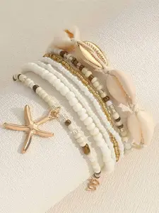 7-Piece Boho Beaded Bracelets and Anklets Set, Bracelet Stack, Shell, Bead, Starfish Pendants, Random Color Combinations, Women's Jewelry