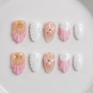 Press on Nails Almond 3D Creative Flower False Nails Glossy Full Cover Stick on Nails for Women