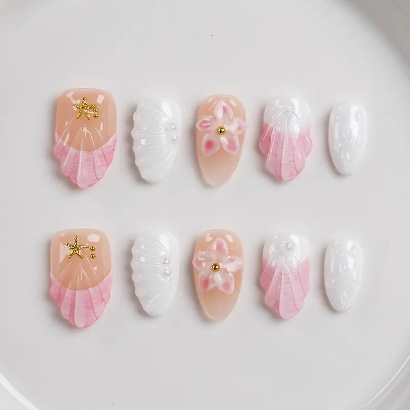 Press on Nails Almond 3D Creative Flower False Nails Glossy Full Cover Stick on Nails for Women